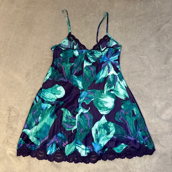 In Bloom by Jonquil Set Robe Slip Nightgown Med Large Purple Lace Teal Floral - Picture 12 of 14